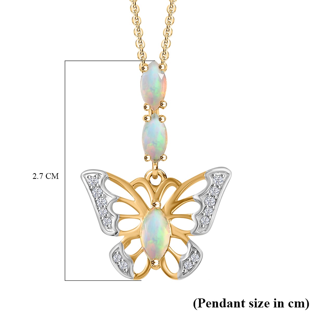 Ethiopian Opal, White Zircon Butterfly Pendant with Chain (Size 20) in 18K Yellow Gold Vermeil Plated Sterling Silver 4316043 5
