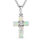 Royal Bali Collection - Ethiopian Welo Opal & Natural Zircon Cross Pendant with Chain (Size 20) in Platinum Overlay Sterling Silver
