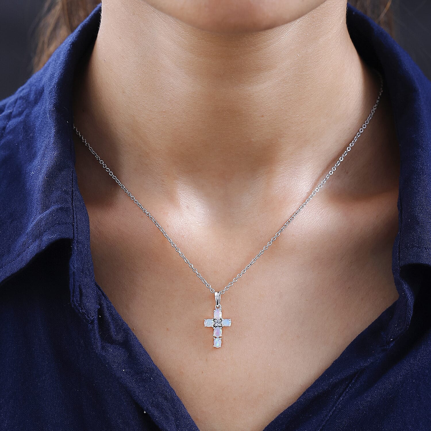 Ethiopian Opal,  White Zircon Pendant with Chain (Size 20) in Platinum Overlay Sterling Silver 0.10 ct  0.850  Ct. 4169680 2
