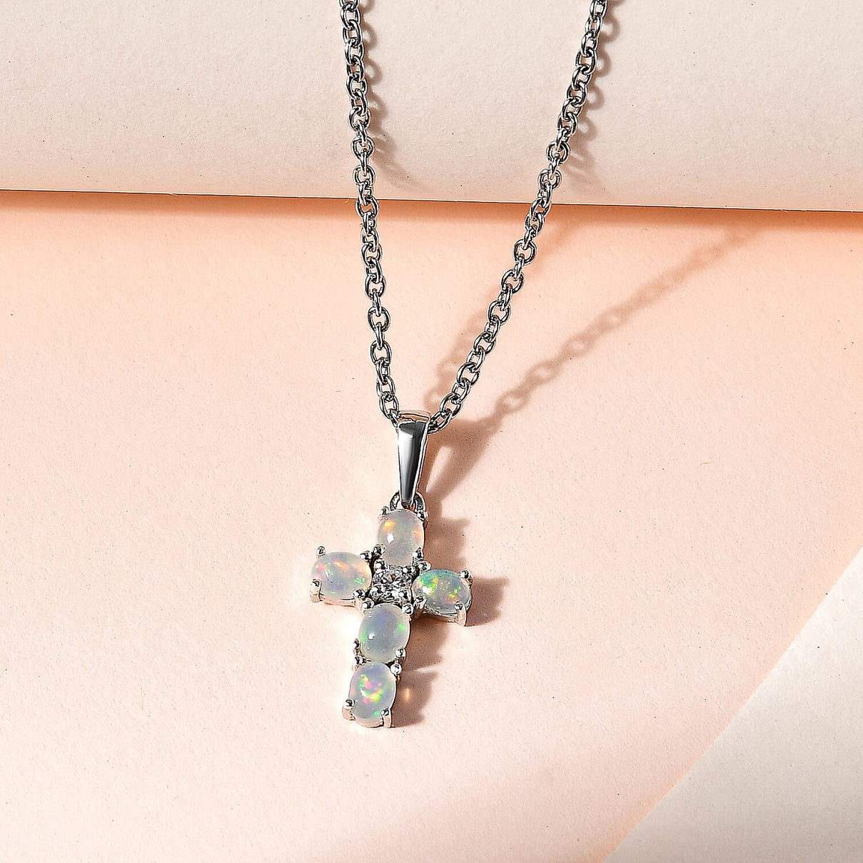 Ethiopian Opal,  White Zircon Pendant with Chain (Size 20) in Platinum Overlay Sterling Silver 0.10 ct  0.850  Ct. 4169680 3
