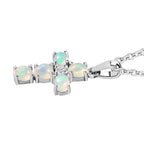 Royal Bali Collection - Ethiopian Welo Opal & Natural Zircon Cross Pendant with Chain (Size 20) in Platinum Overlay Sterling Silver