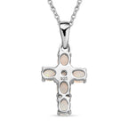 Royal Bali Collection - Ethiopian Welo Opal & Natural Zircon Cross Pendant with Chain (Size 20) in Platinum Overlay Sterling Silver