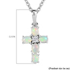 Royal Bali Collection - Ethiopian Welo Opal & Natural Zircon Cross Pendant with Chain (Size 20) in Platinum Overlay Sterling Silver