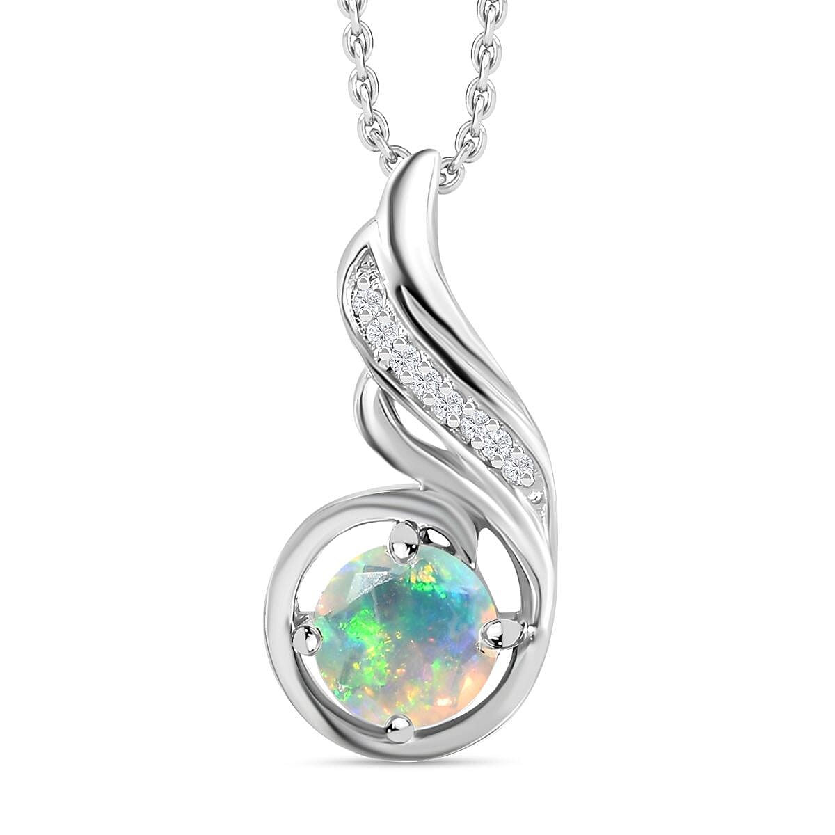 Ethiopian Welo Opal &amp; Natural Zircon Pendant with Chain (Size 20) in Platinum Overlay Sterling Silver 4269432 0