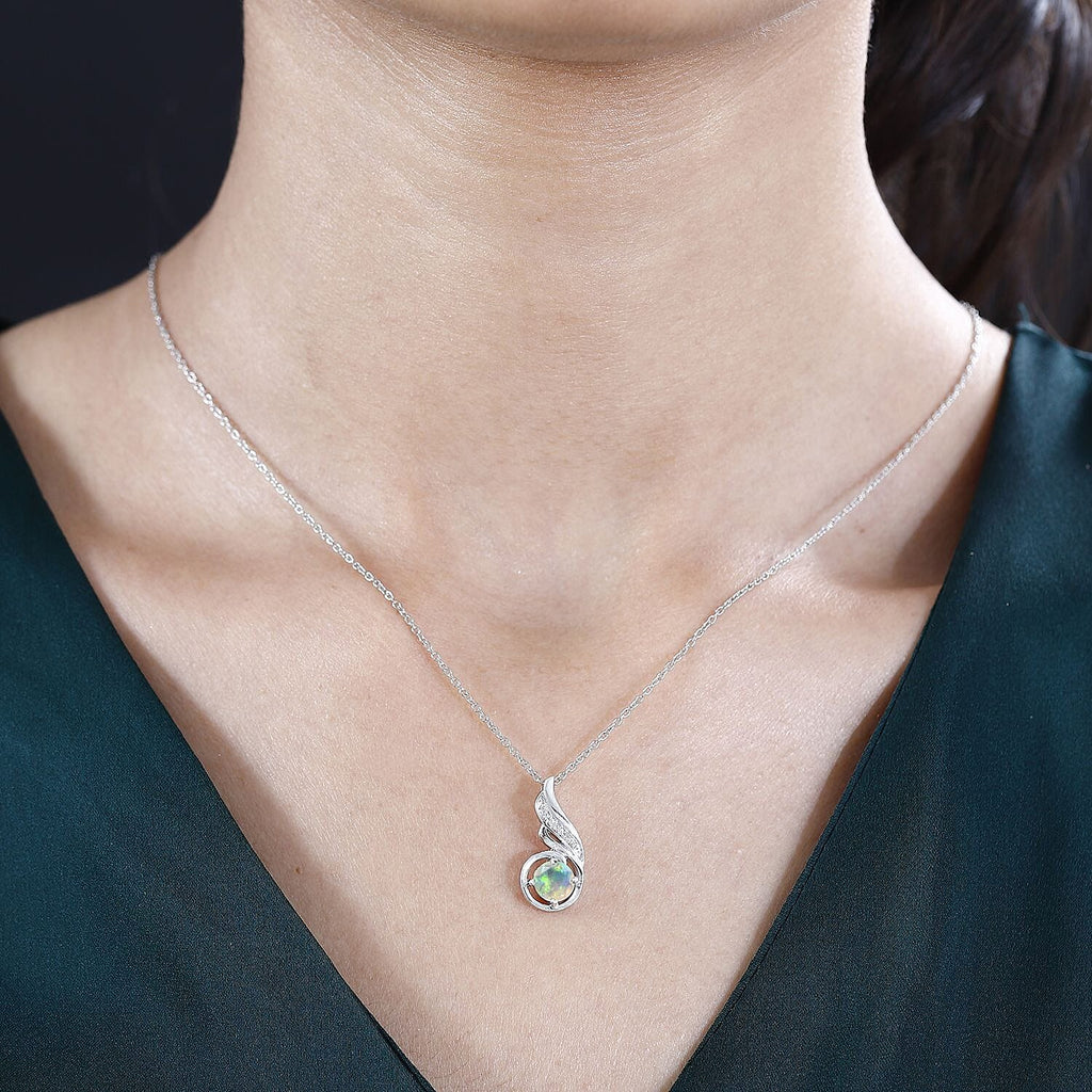 Ethiopian Welo Opal & Natural Zircon Pendant with Chain (Size 20) in Platinum Overlay Sterling Silver