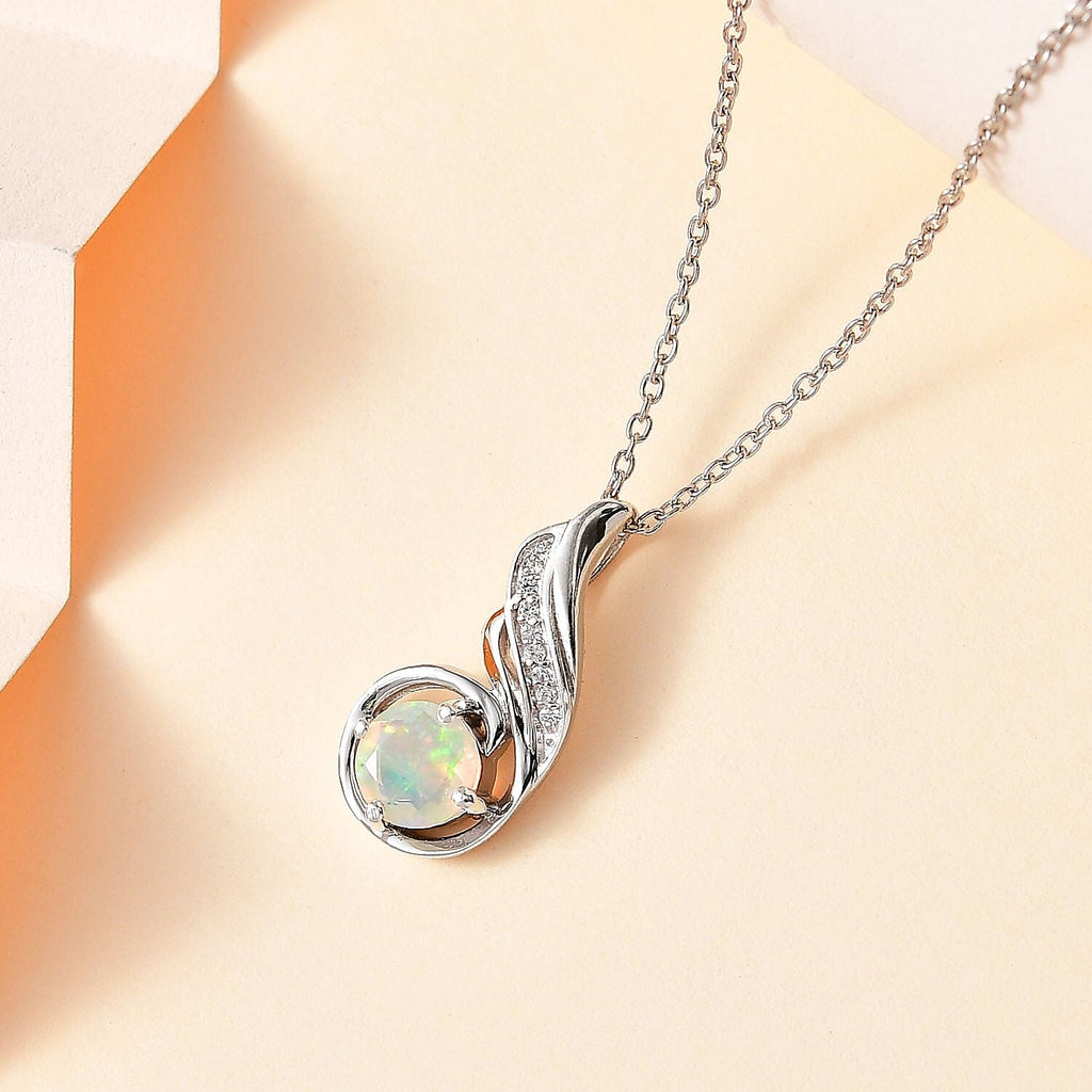 Ethiopian Welo Opal & Natural Zircon Pendant with Chain (Size 20) in Platinum Overlay Sterling Silver
