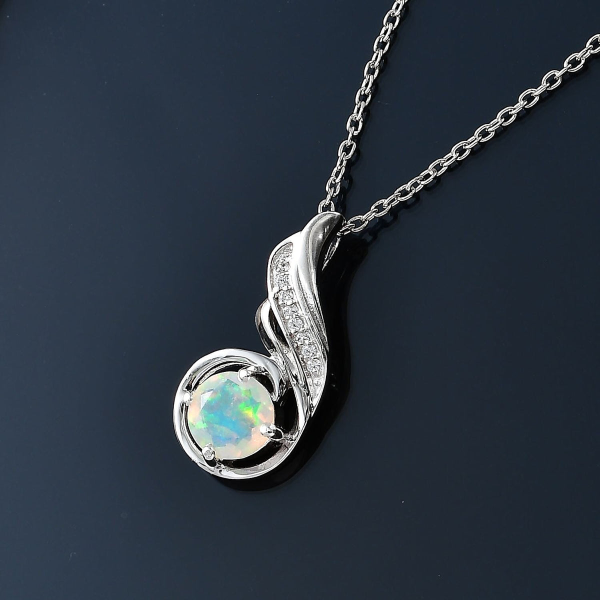 Ethiopian Welo Opal &amp; Natural Zircon Pendant with Chain (Size 20) in Platinum Overlay Sterling Silver 4269432 4