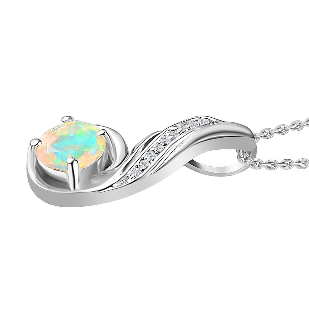 Ethiopian Welo Opal & Natural Zircon Pendant with Chain (Size 20) in Platinum Overlay Sterling Silver