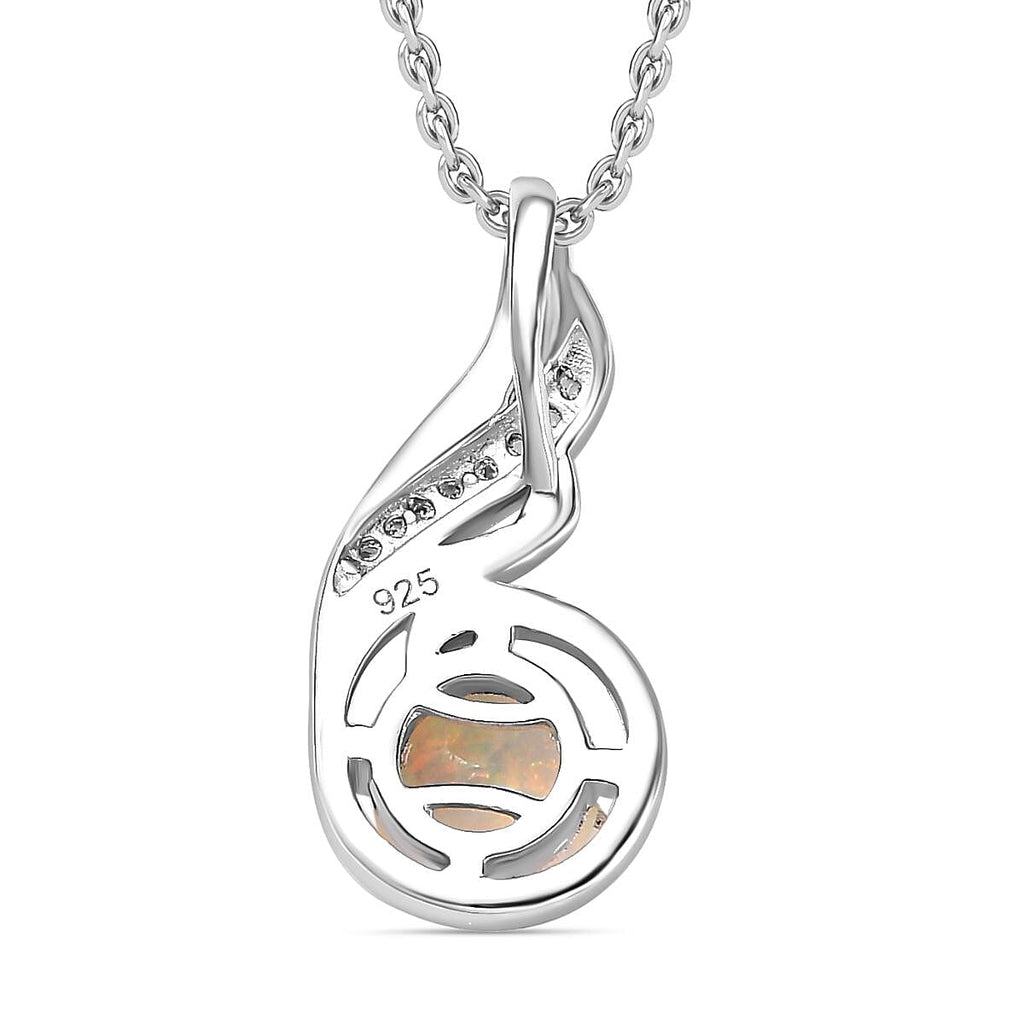 Ethiopian Welo Opal & Natural Zircon Pendant with Chain (Size 20) in Platinum Overlay Sterling Silver