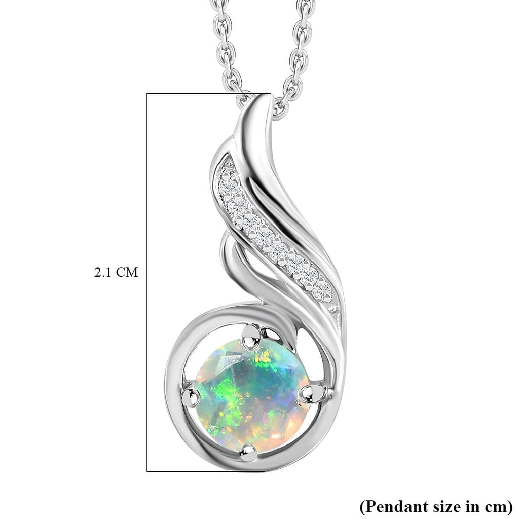 Ethiopian Welo Opal & Natural Zircon Pendant with Chain (Size 20) in Platinum Overlay Sterling Silver