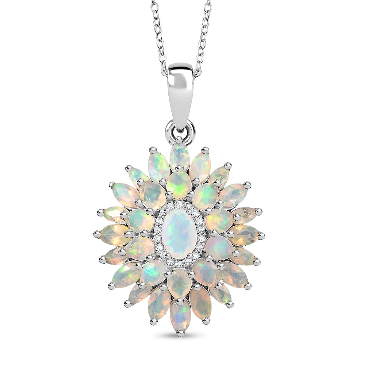 Ethiopian Opal &amp; White Zircon Lotus in Sunlight Pendant with Chain (Size 20) in Rhodium Overlay Sterling Silver 2.86 Ct, Silver Wt. 5.26 Gms. 4402878 0