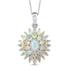 Ethiopian Opal & White Zircon Lotus in Sunlight Pendant with Chain (Size 20) in Rhodium Overlay Sterling Silver 2.86 Ct, Silver Wt. 5.26 Gms.