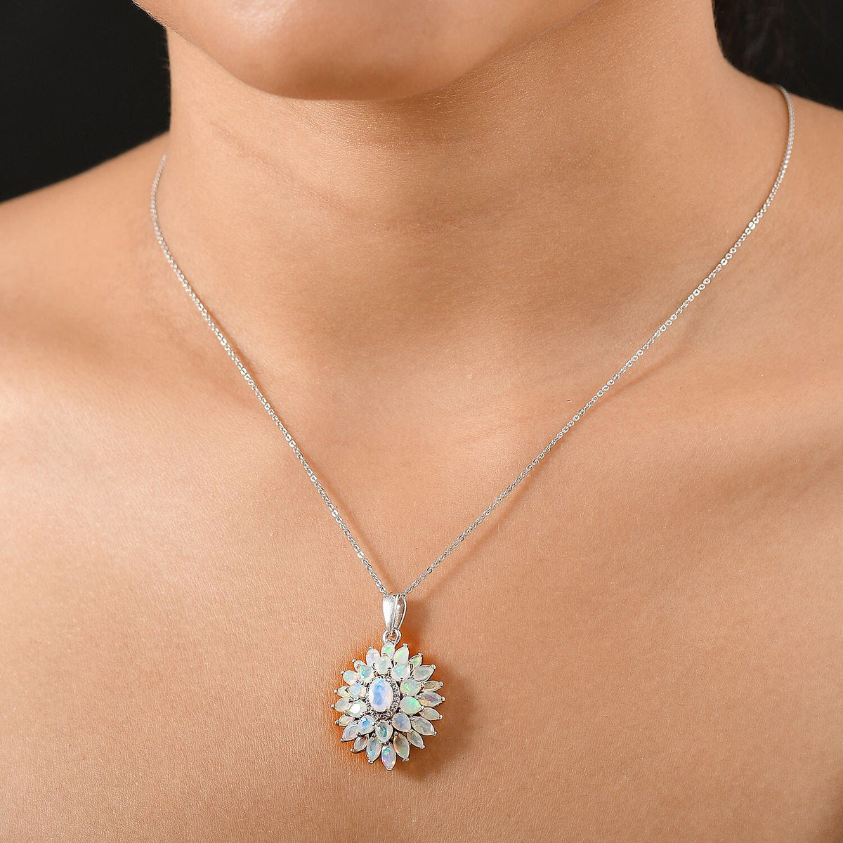Ethiopian Opal &amp; White Zircon Lotus in Sunlight Pendant with Chain (Size 20) in Rhodium Overlay Sterling Silver 2.86 Ct, Silver Wt. 5.26 Gms. 4402878 2