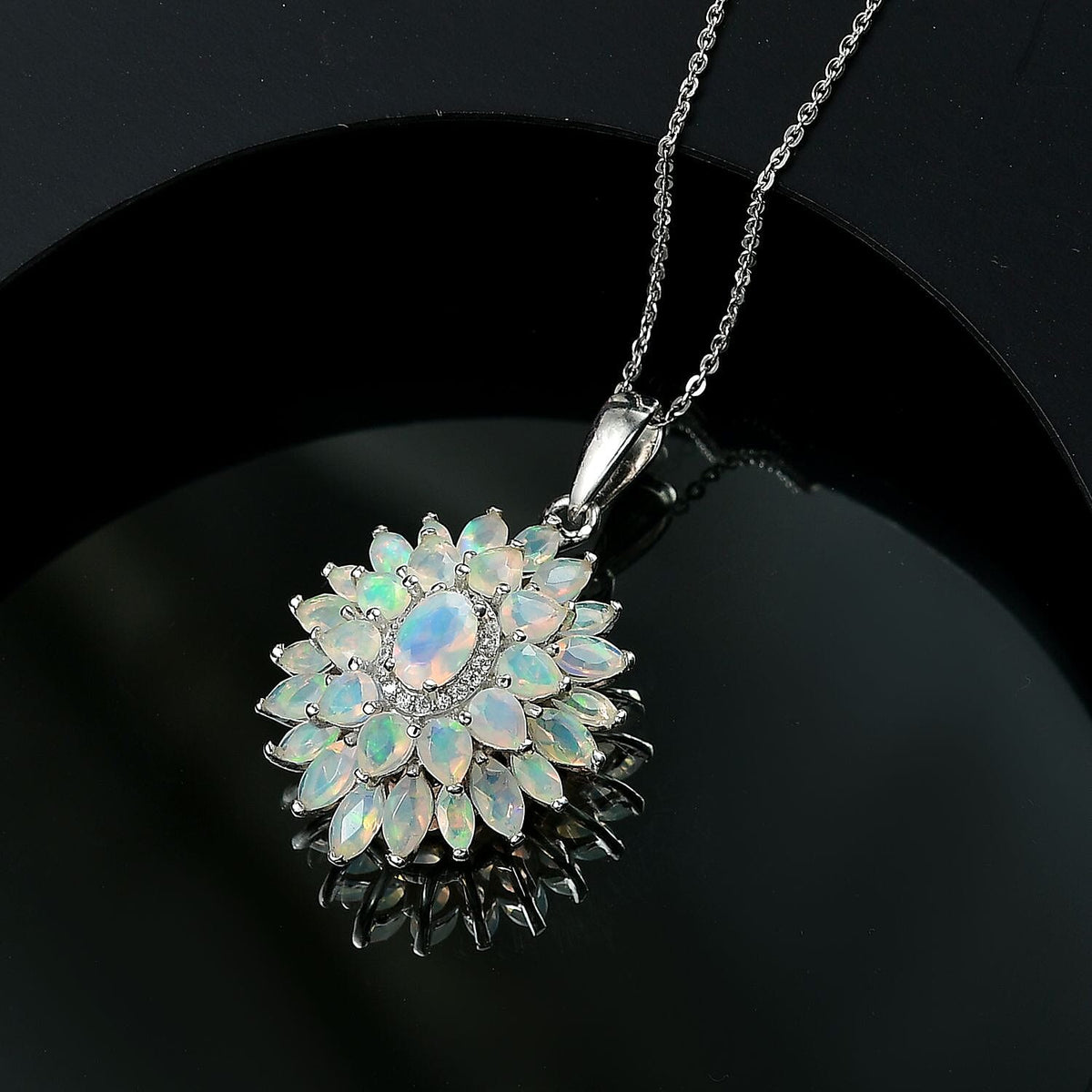 Ethiopian Opal &amp; White Zircon Lotus in Sunlight Pendant with Chain (Size 20) in Rhodium Overlay Sterling Silver 2.86 Ct, Silver Wt. 5.26 Gms. 4402878 3