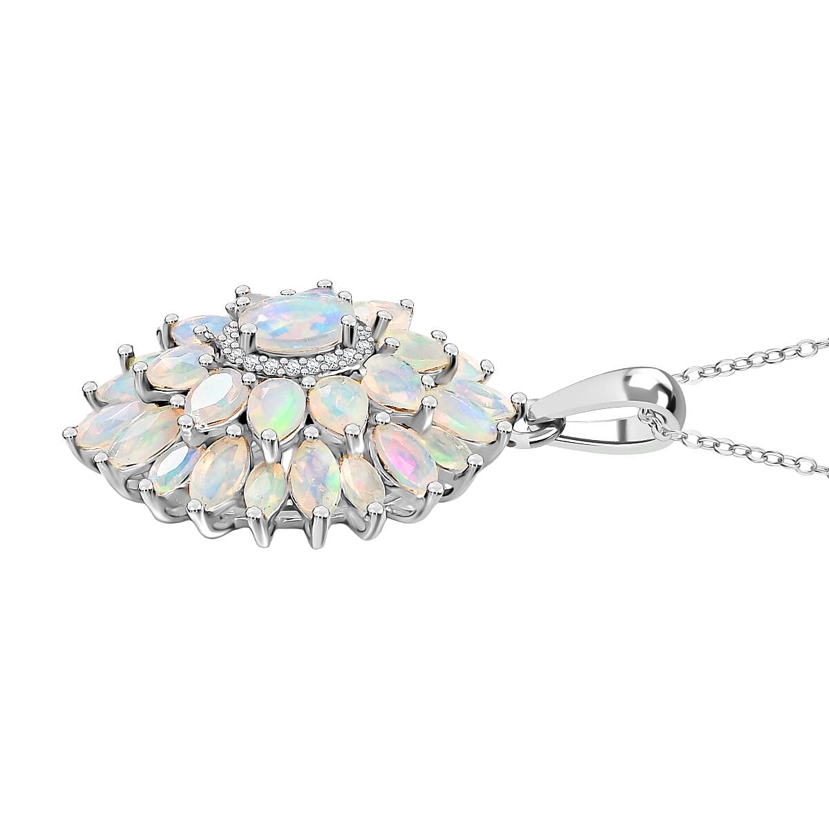 Ethiopian Opal &amp; White Zircon Lotus in Sunlight Pendant with Chain (Size 20) in Rhodium Overlay Sterling Silver 2.86 Ct, Silver Wt. 5.26 Gms. 4402878 4