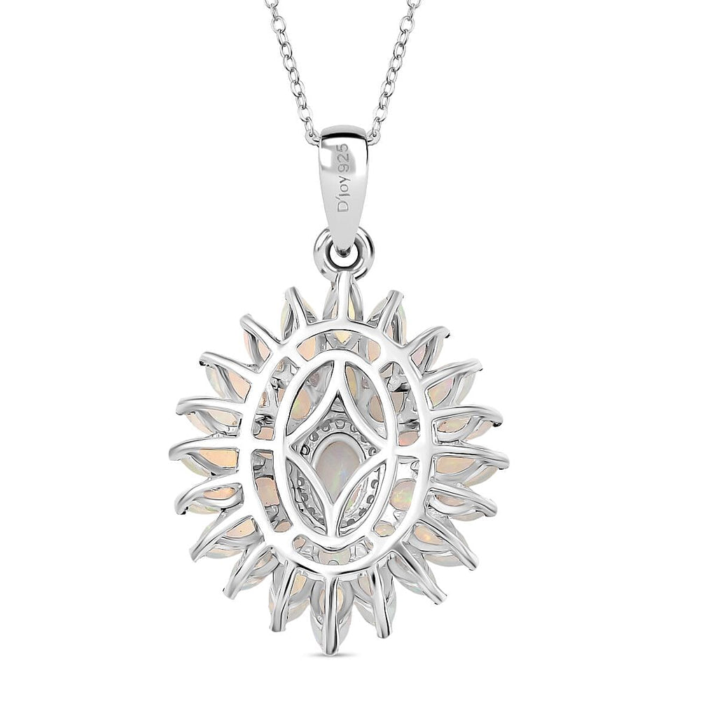 Ethiopian Opal & White Zircon Lotus in Sunlight Pendant with Chain (Size 20) in Rhodium Overlay Sterling Silver 2.86 Ct, Silver Wt. 5.26 Gms.
