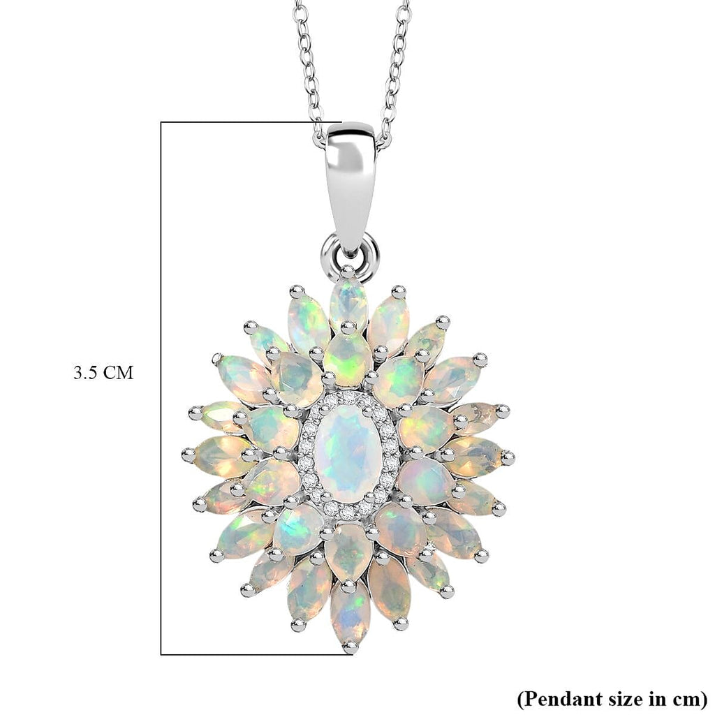 Ethiopian Opal & White Zircon Lotus in Sunlight Pendant with Chain (Size 20) in Rhodium Overlay Sterling Silver 2.86 Ct, Silver Wt. 5.26 Gms.