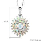 Ethiopian Opal & White Zircon Lotus in Sunlight Pendant with Chain (Size 20) in Rhodium Overlay Sterling Silver 2.86 Ct, Silver Wt. 5.26 Gms.