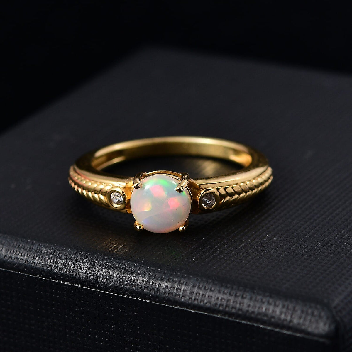Ethiopian Opal &amp; White Zircon Ring in Yellow Gold Overlay Sterling Silver V32698487 1