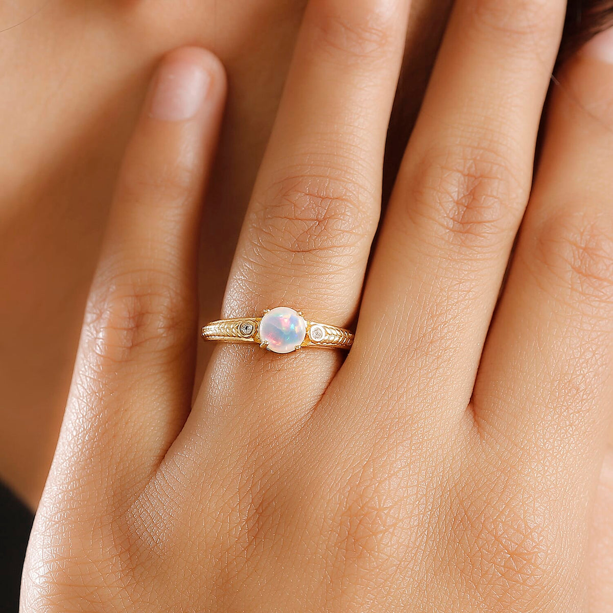 Ethiopian Opal &amp; White Zircon Ring in Yellow Gold Overlay Sterling Silver V32698487 2