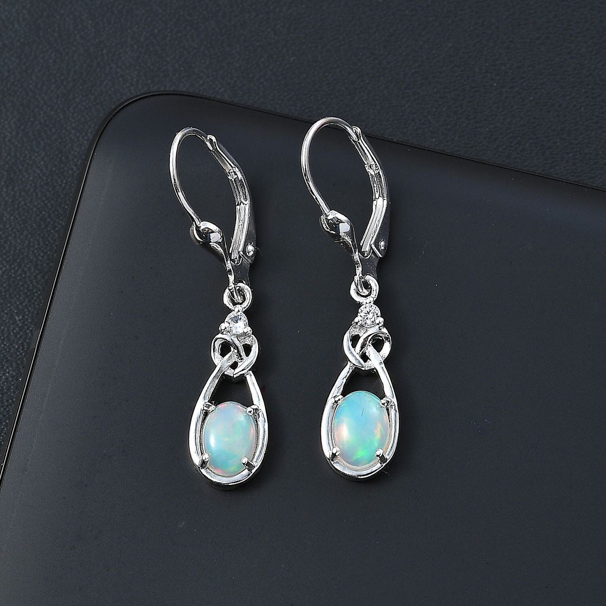 Ethiopian Opal, White Zircon Solitaire Lever Back Earrings in Rhodium Overlay Sterling Silver 7803727 2