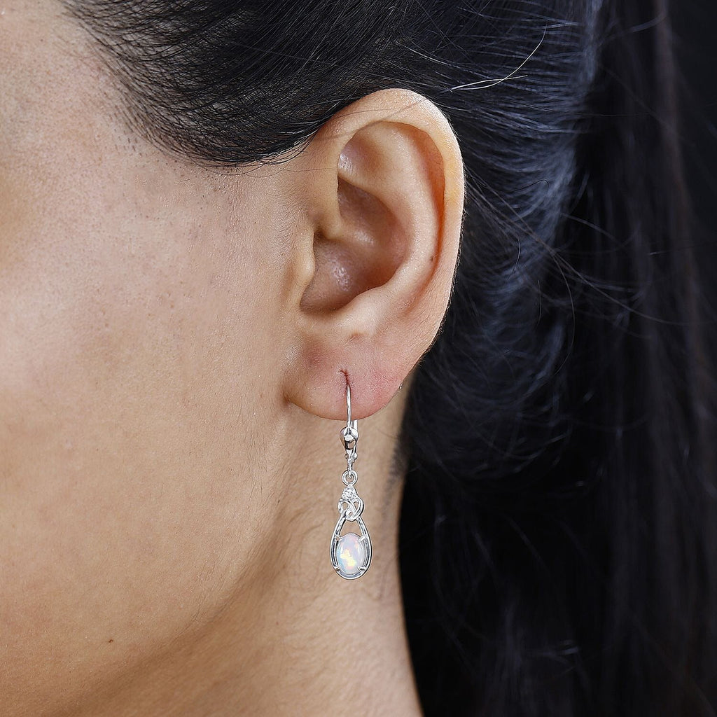 Ethiopian Opal ,  White Zircon  Solitaire Lever Back Earring in Rhodium Overlay Sterling Silver 1.12 ct  1.098  Ct.