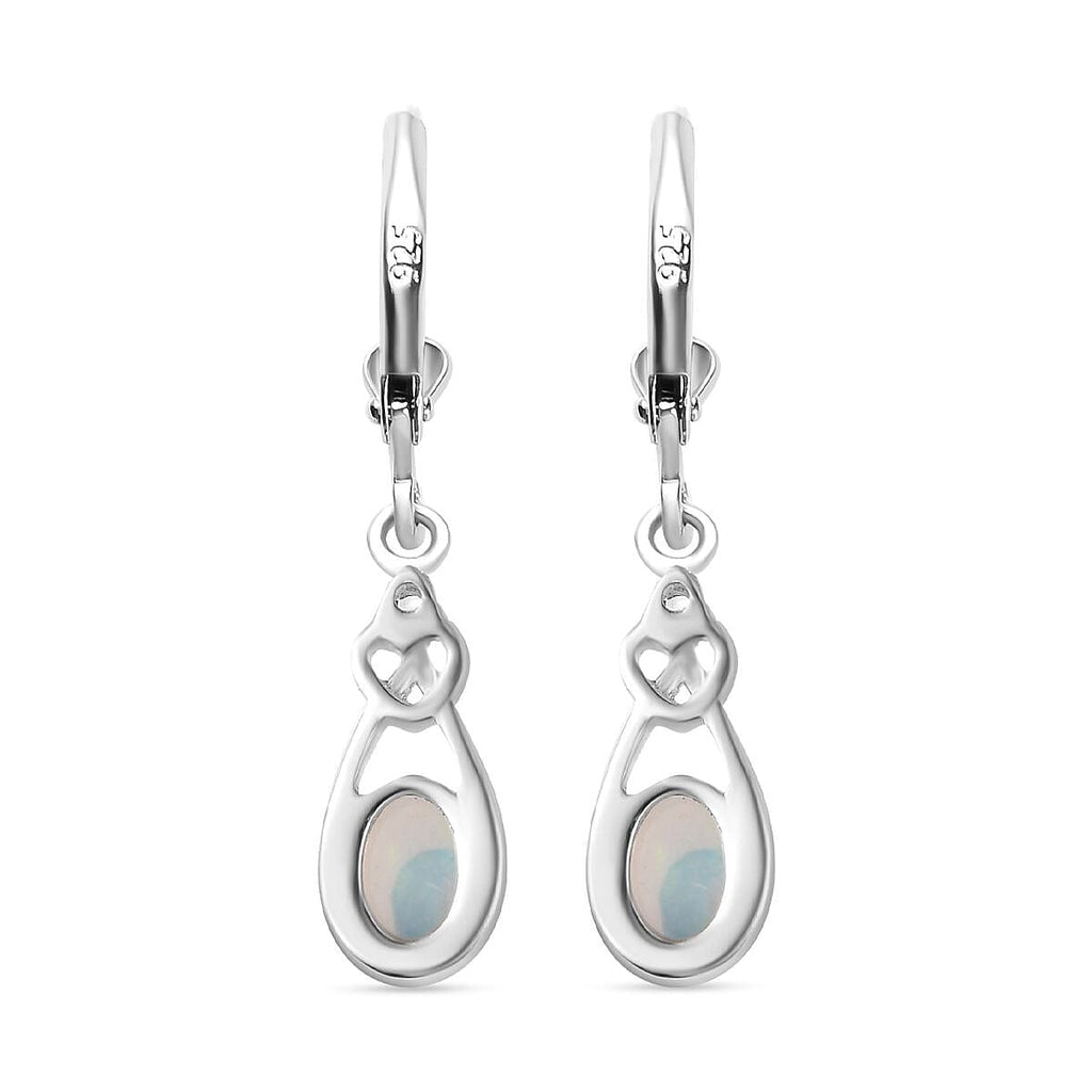 Ethiopian Opal ,  White Zircon  Solitaire Lever Back Earring in Rhodium Overlay Sterling Silver 1.12 ct  1.098  Ct.