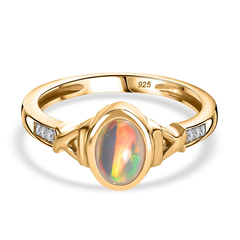 Ethiopian Welo Opal & Natural Zircon Ring in 14K Gold Overlay Sterling Silver