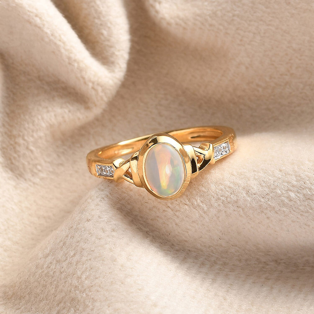Ethiopian Welo Opal & Natural Zircon Ring in 14K Gold Overlay Sterling Silver