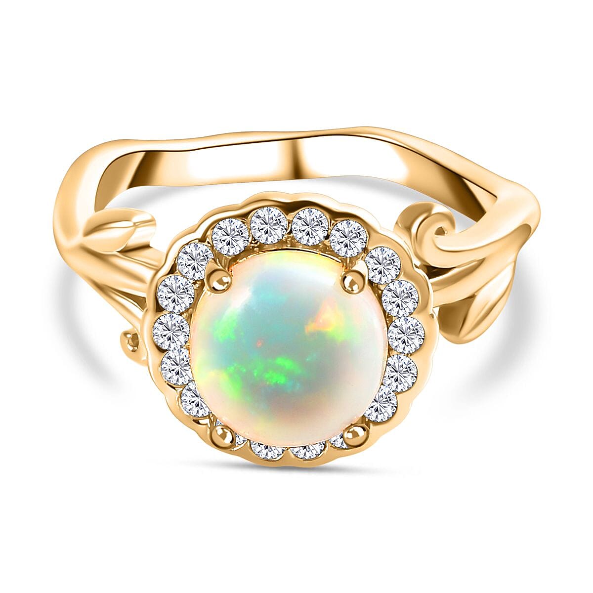 Ethiopian Welo Opal, Natural Zircon Halo Ring in 18K Yellow Gold Vermeil Plated Sterling Silver 1.68 Ct. 7807532 0