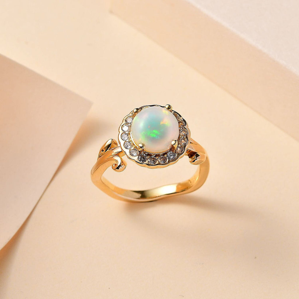 Ethiopian Welo Opal, Natural Zircon Ring in 18K Gold Vermeil Sterling Silver 1.68 Ct.