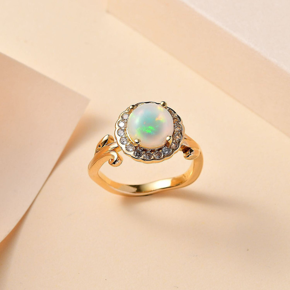 Ethiopian Welo Opal, Natural Zircon Halo Ring in 18K Yellow Gold Vermeil Plated Sterling Silver 1.68 Ct. 7807532 2