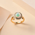 Ethiopian Welo Opal, Natural Zircon Ring in 18K Gold Vermeil Sterling Silver 1.68 Ct.