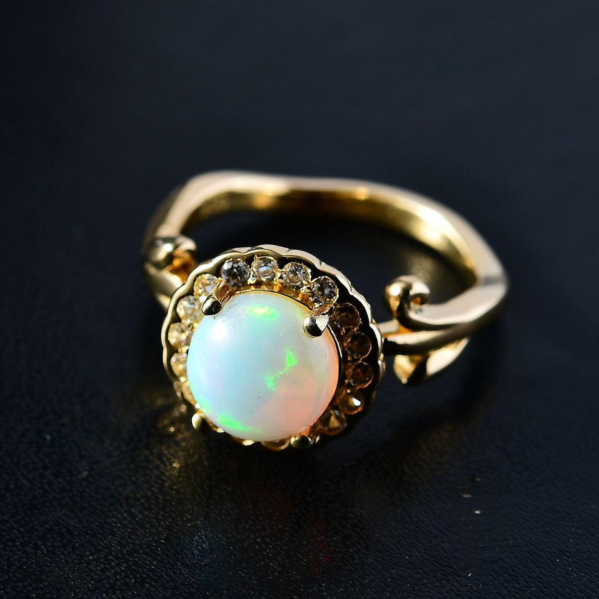 Ethiopian Welo Opal, Natural Zircon Halo Ring in 18K Yellow Gold Vermeil Plated Sterling Silver 1.68 Ct. 7807532 3