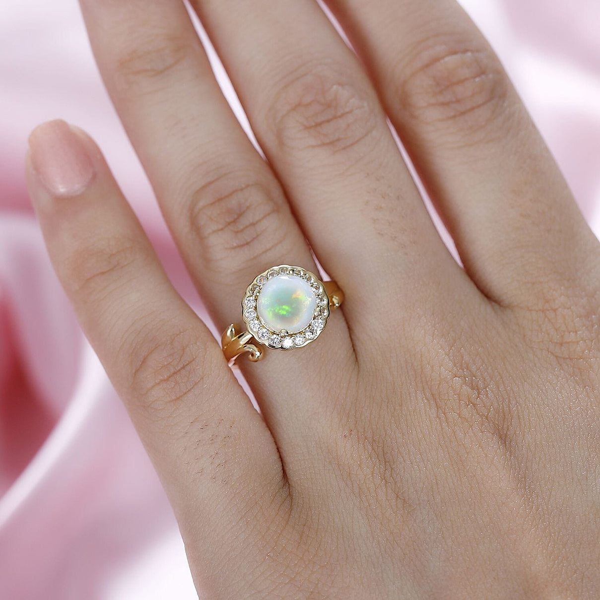 Ethiopian Welo Opal, Natural Zircon Halo Ring in 18K Yellow Gold Vermeil Plated Sterling Silver 1.68 Ct. 7807532 4