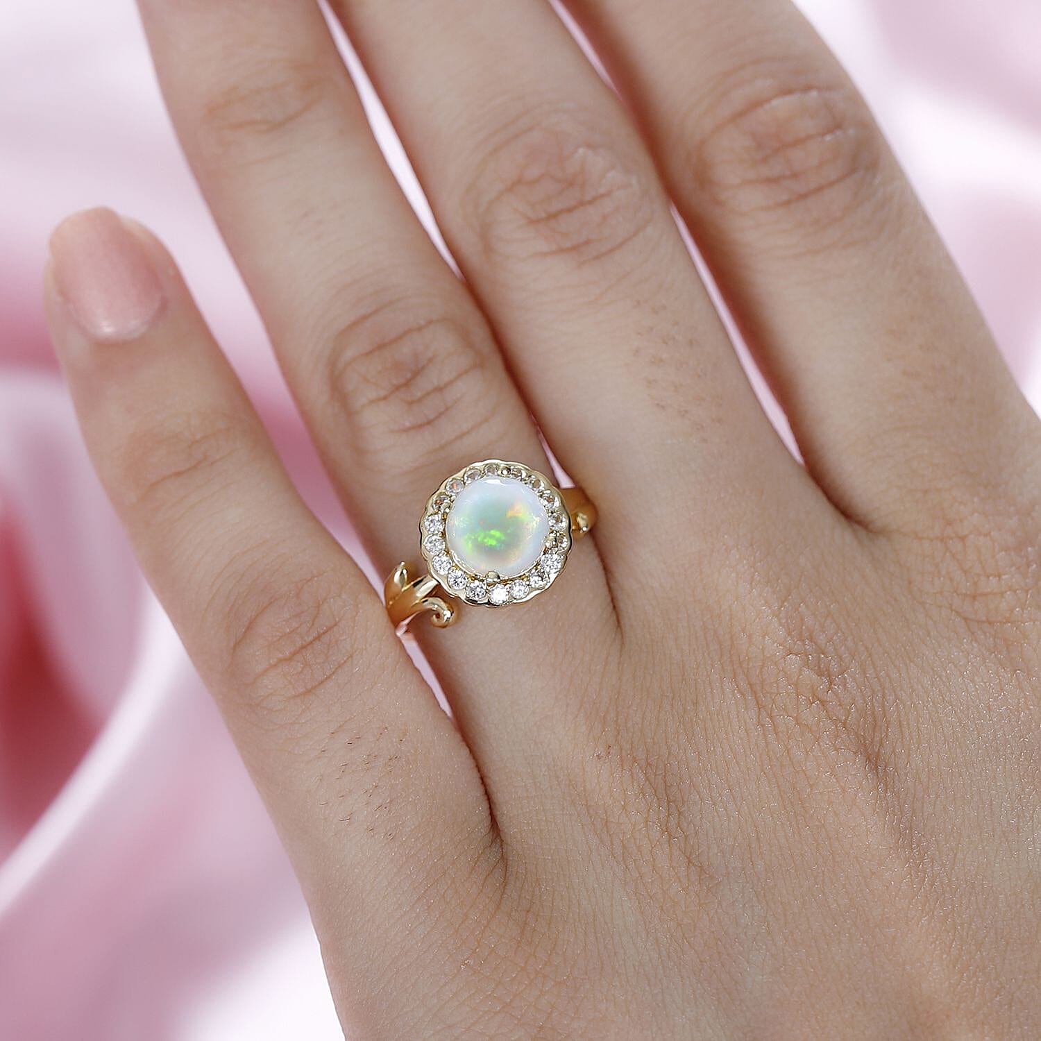 Ethiopian Welo Opal, Natural Zircon Halo Ring in 18K Yellow Gold Vermeil Plated Sterling Silver 1.68 Ct. 7807532 4