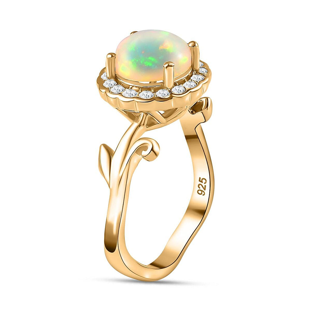 Ethiopian Welo Opal, Natural Zircon Ring in 18K Gold Vermeil Sterling Silver 1.68 Ct.