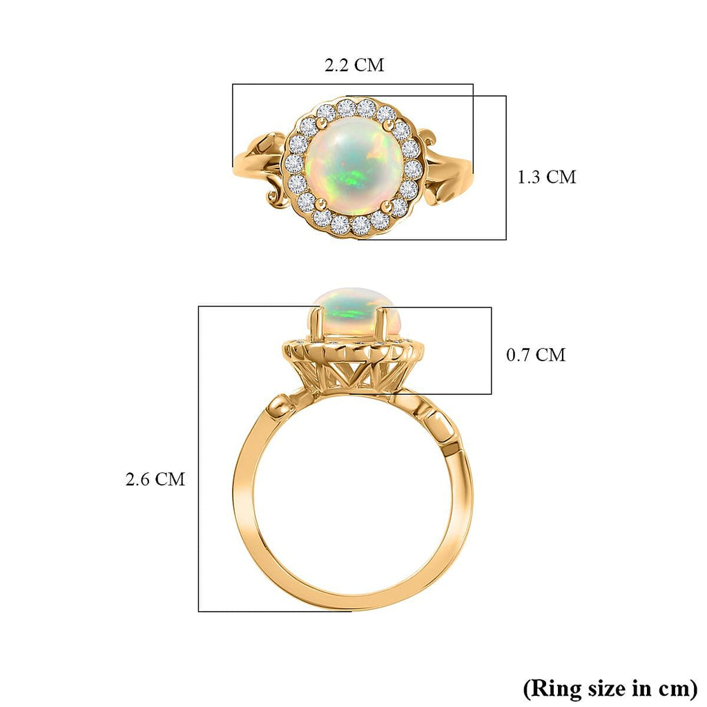 Ethiopian Welo Opal, Natural Zircon Ring in 18K Gold Vermeil Sterling Silver 1.68 Ct.