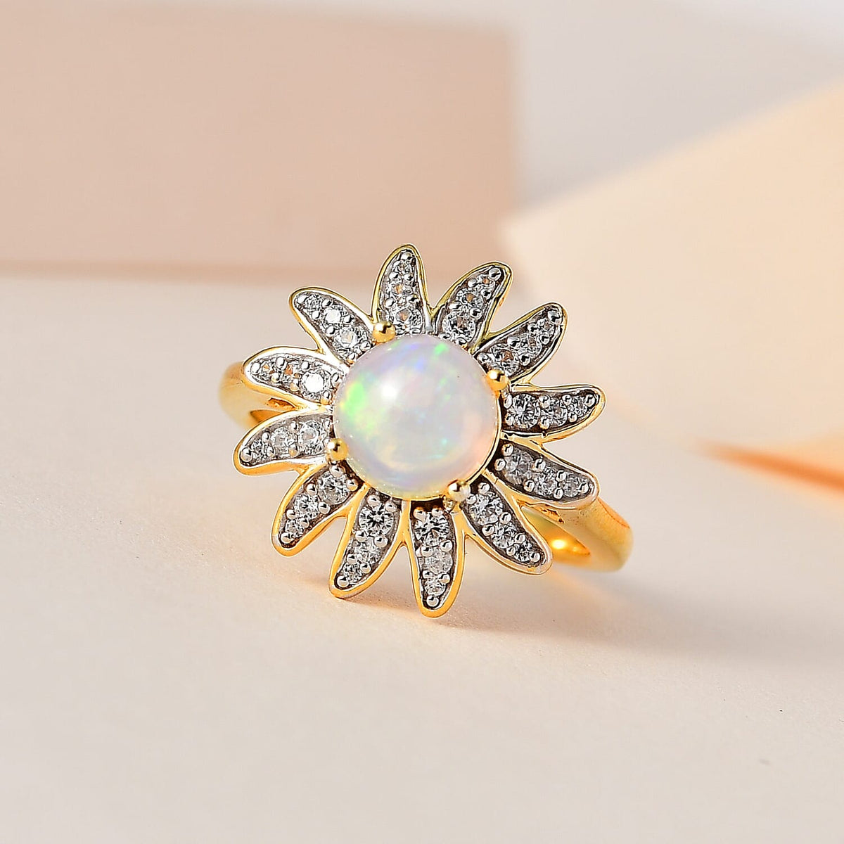 Ethiopian Welo Opal &amp; Natural Zircon Floral Ring in 18K Vermeil Yellow Gold Plated Sterling Silver 1.34 Ct 7633850 1