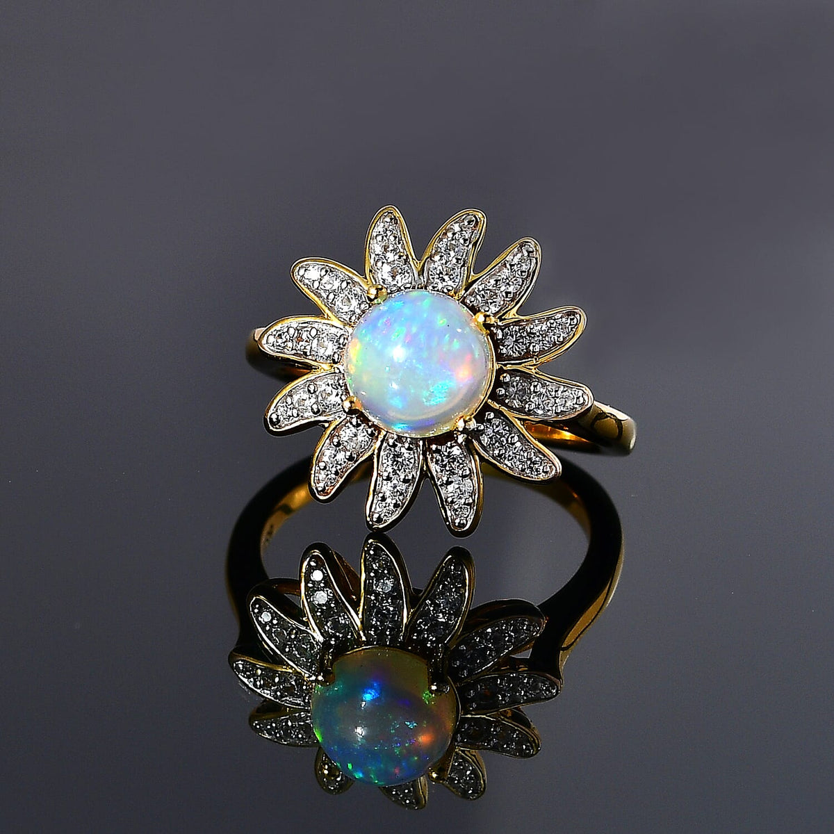 Ethiopian Welo Opal &amp; Natural Zircon Floral Ring in 18K Vermeil Yellow Gold Plated Sterling Silver 1.34 Ct 7633850 2