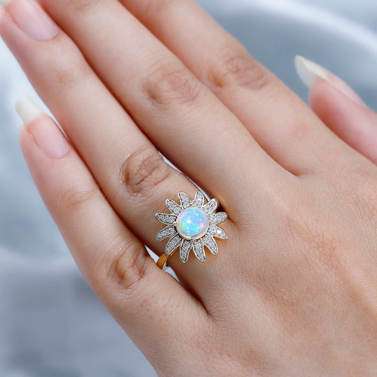 Ethiopian Welo Opal &amp; Natural Zircon Floral Ring in 18K Vermeil Yellow Gold Plated Sterling Silver 1.34 Ct 7633850 3