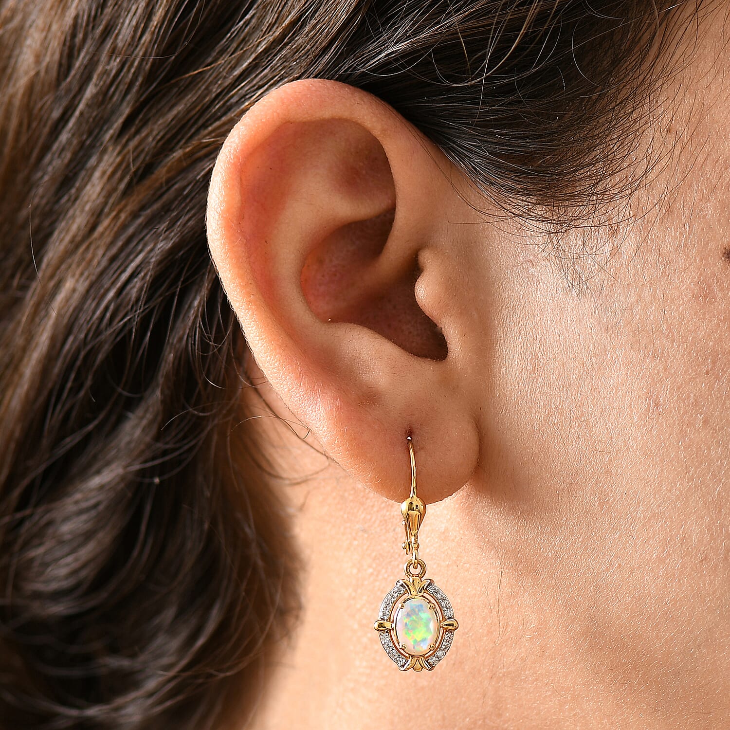 Ethiopian Faceted Opal &amp; White Zircon Earring with Lever Back in 18K Vermeil Yellow Gold Plated Sterling Silver 1.41 Ct. 8067523 9