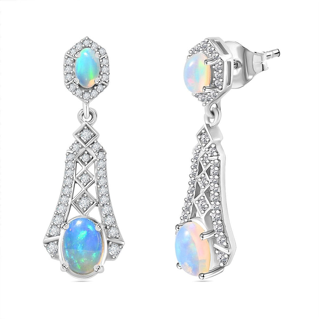 Ethiopian Opal ,  White Zircon  Solitaire Stud Push Post Earring in Rhodium Overlay Sterling Silver 3.35 ct  1.956  Ct.