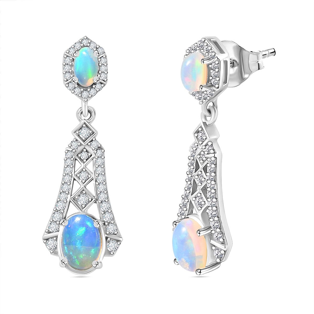Ethiopian Opal, White Zircon Dangle Earrings in Rhodium Overlay Sterling Silver 7802889 0