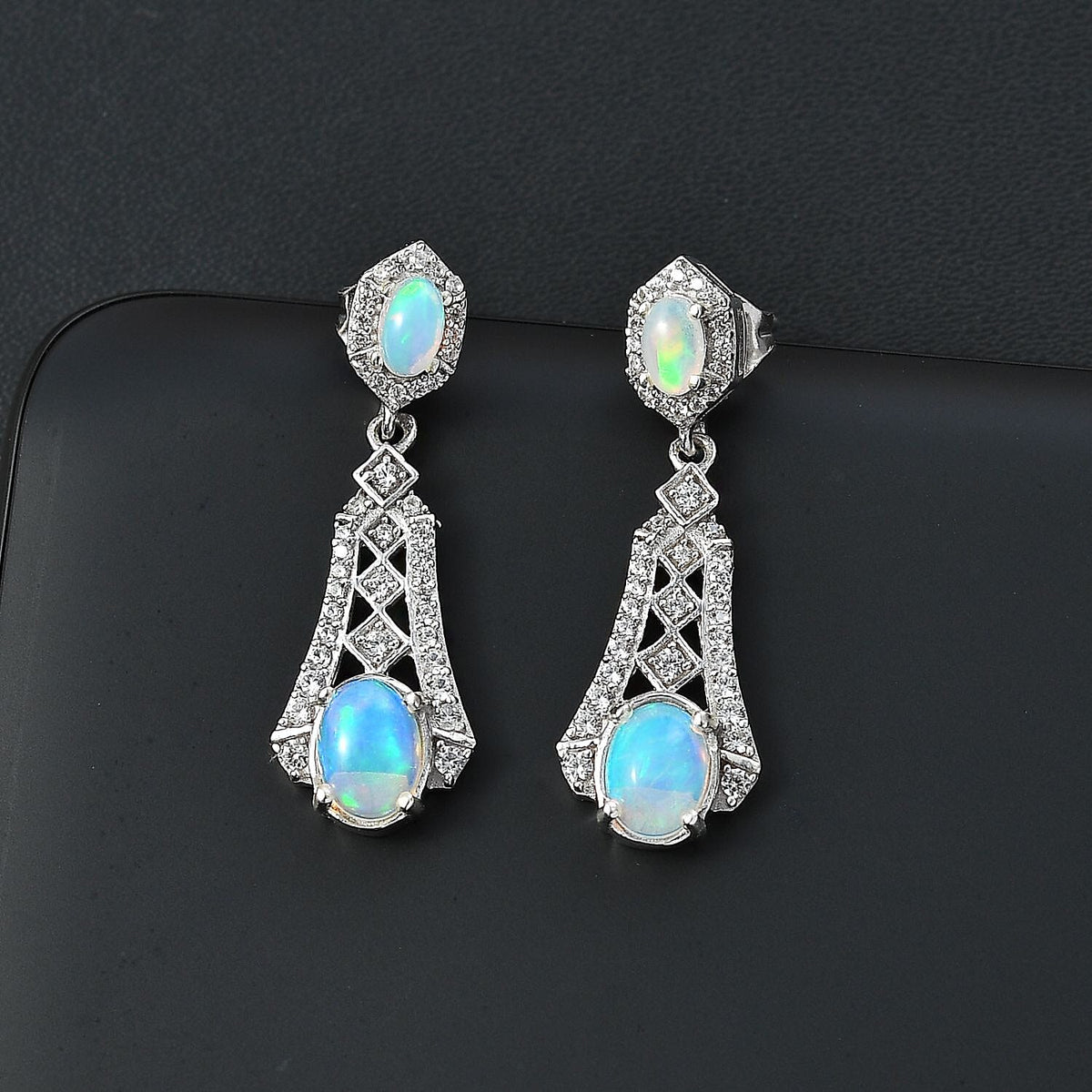 Ethiopian Opal, White Zircon Dangle Earrings in Rhodium Overlay Sterling Silver 7802889 2