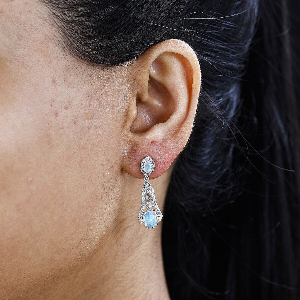 Ethiopian Opal ,  White Zircon  Solitaire Stud Push Post Earring in Rhodium Overlay Sterling Silver 3.35 ct  1.956  Ct.