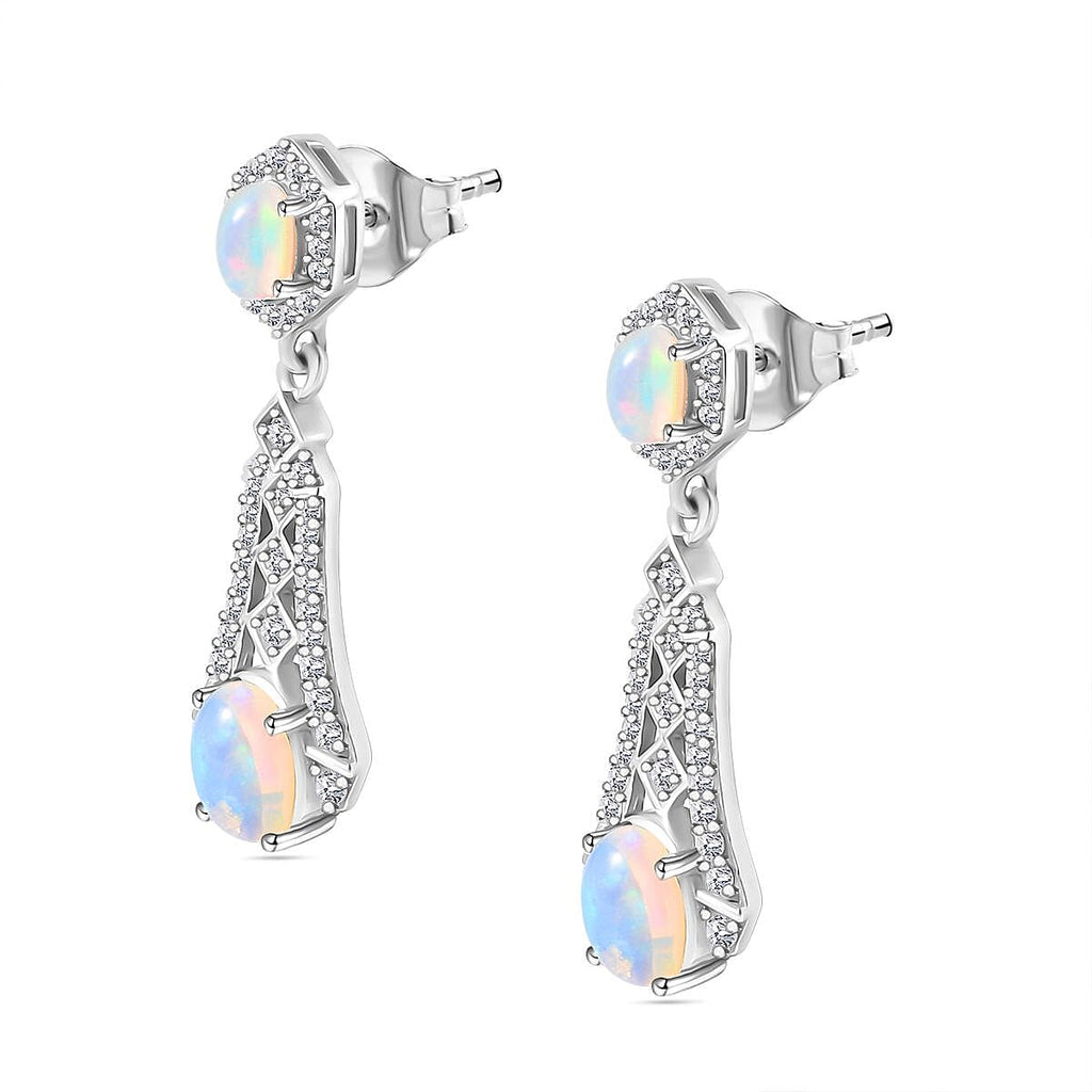 Ethiopian Opal ,  White Zircon  Solitaire Stud Push Post Earring in Rhodium Overlay Sterling Silver 3.35 ct  1.956  Ct.