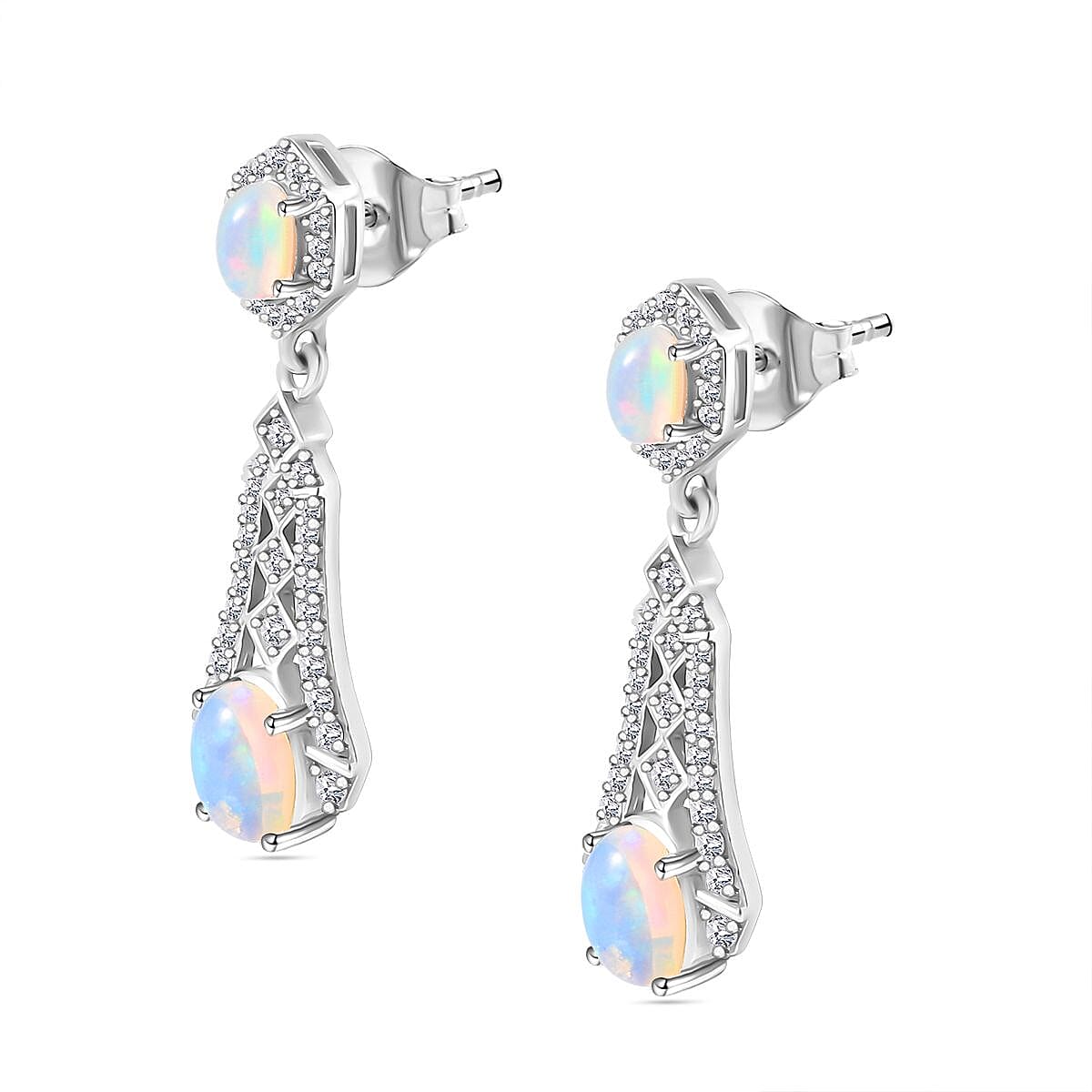 Ethiopian Opal, White Zircon Dangle Earrings in Rhodium Overlay Sterling Silver 7802889 4