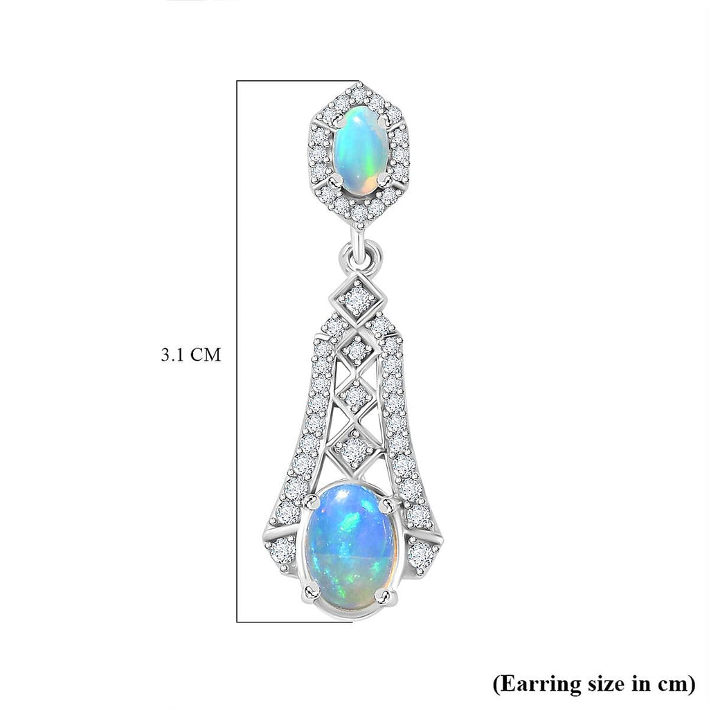 Ethiopian Opal ,  White Zircon  Solitaire Stud Push Post Earring in Rhodium Overlay Sterling Silver 3.35 ct  1.956  Ct.