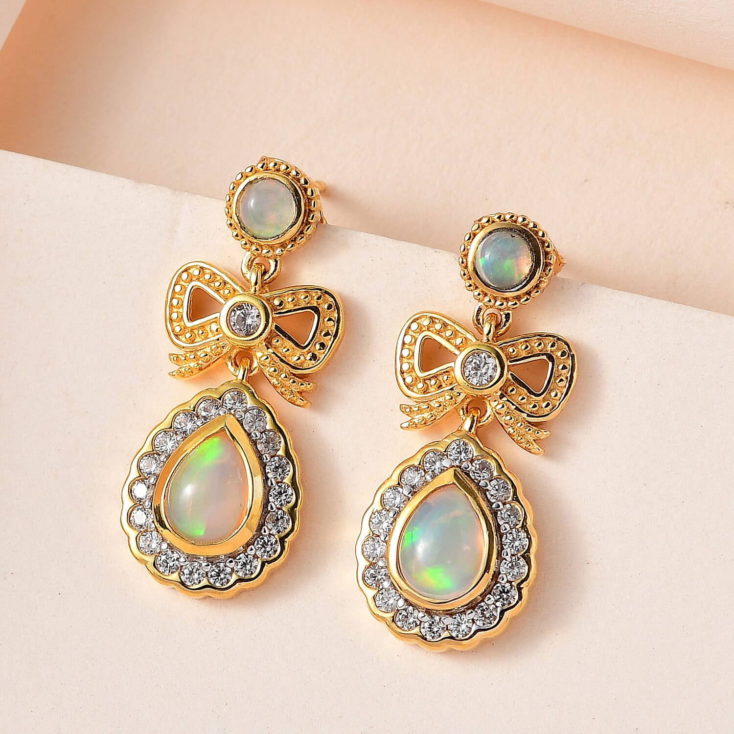 Ethiopian Welo Opal &amp; Natural Zircon Earrings in 18K Yellow Gold Vermeil Plated Sterling Silver 1.94 Ct. 7566192 1